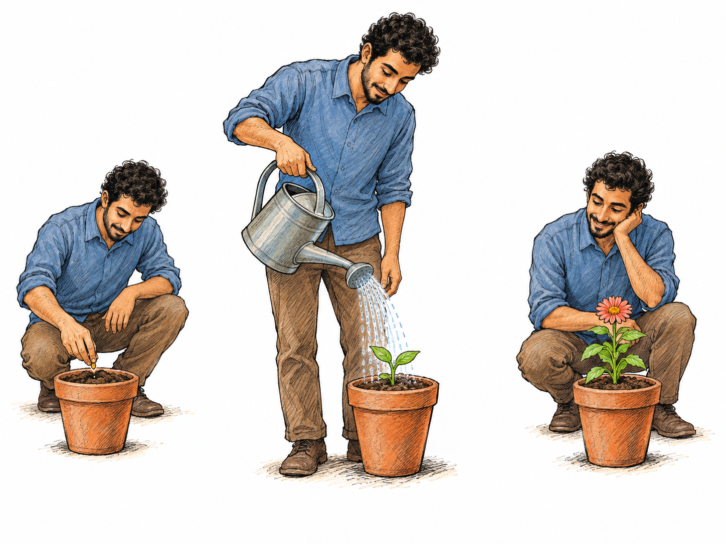 A three-vignette gardening sequence with the middle event emphasized: the same man first plants a seed, then waters the seedling, and finally admires the flowering plant.