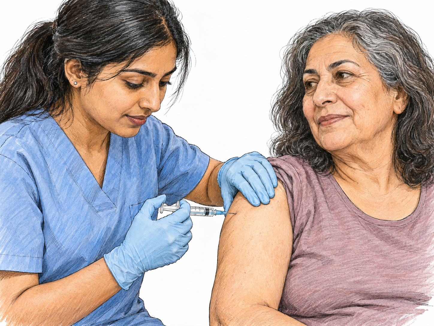 A clinician depresses the plunger of a syringe whose needle is inserted into a patient's exposed upper arm, making the act of injecting liquid immediately visible.