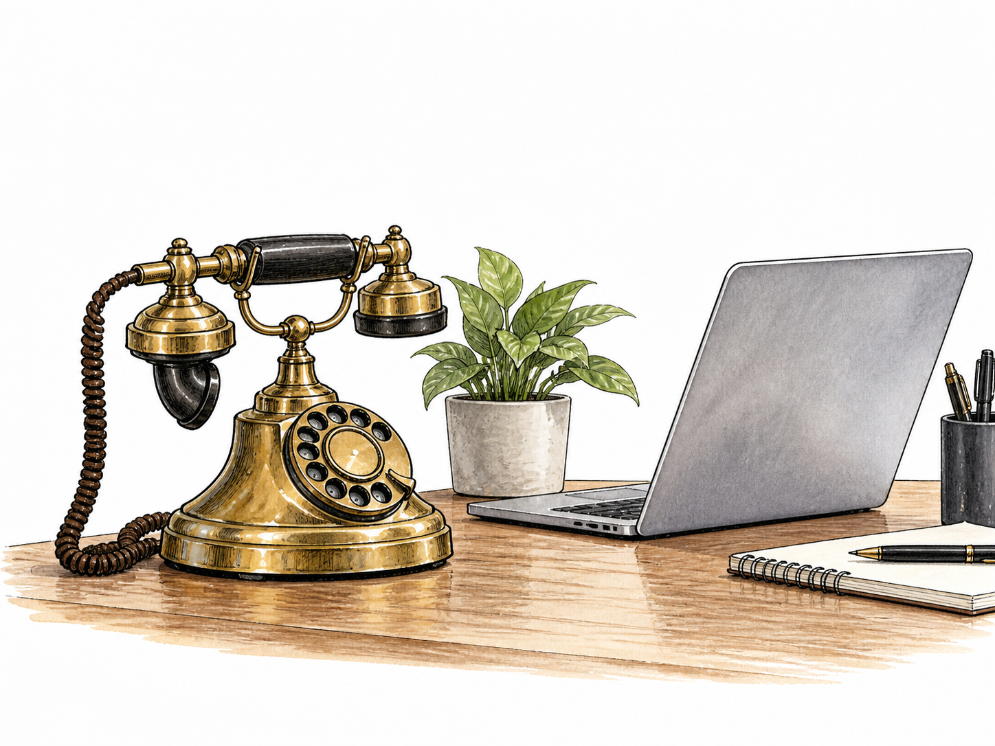 An old brass telephone remains on a modern office desk beside a laptop, a holdover from an earlier era.