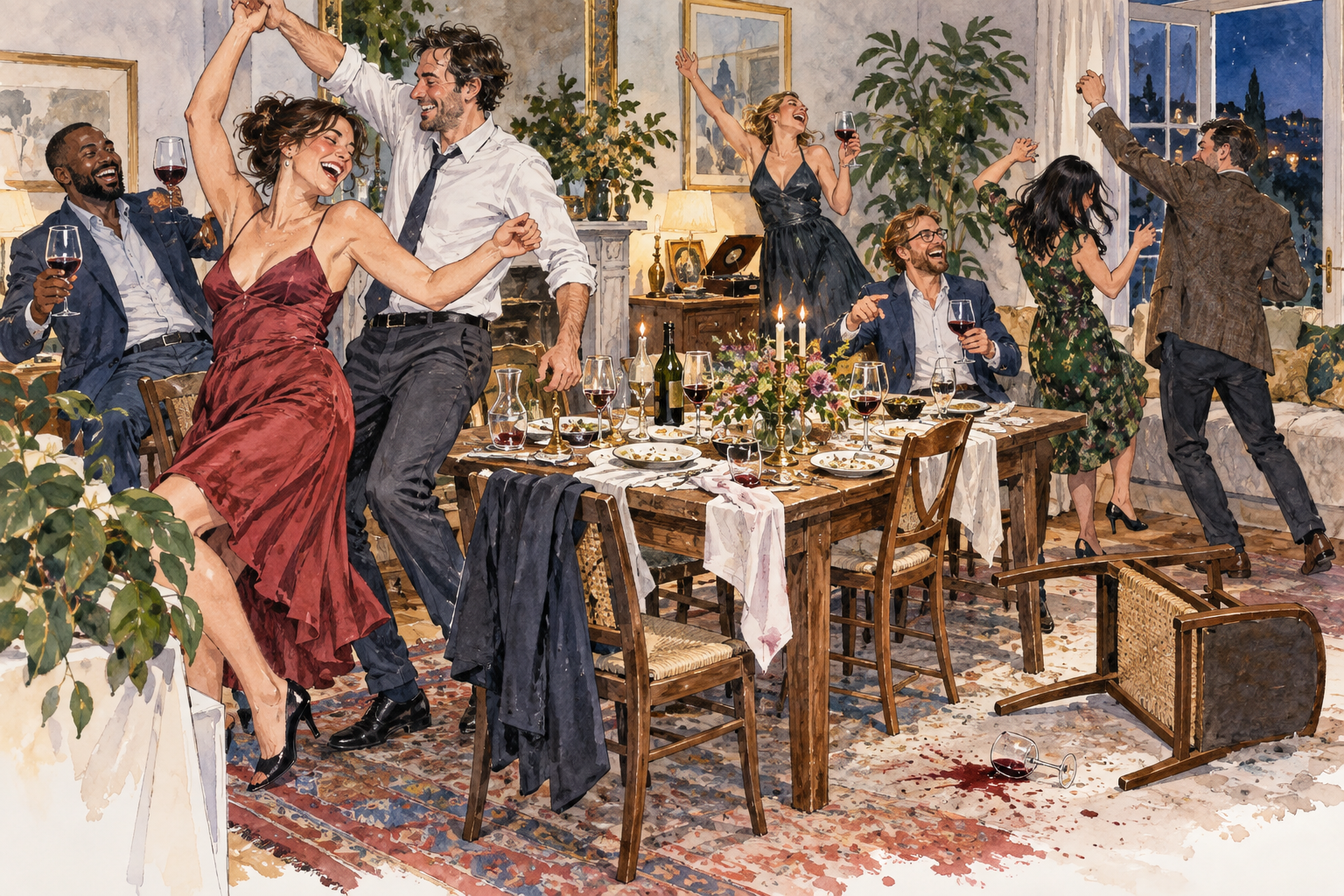 A boisterous adult dinner party spills into dancing and drunken revelry, tilted wine cups overturned chair and exuberant gestures, fully clothed mixed modern adults, no injuries or text.