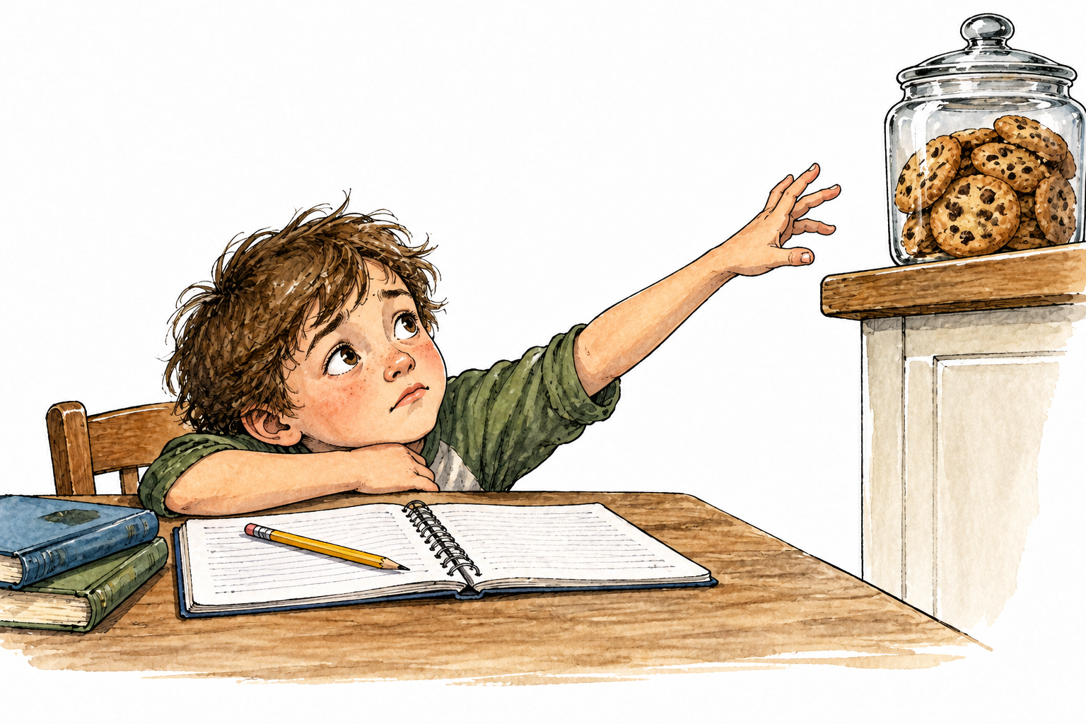 A child who should finish homework gazes longingly at a cookie jar just out of reach, notebook waiting.
