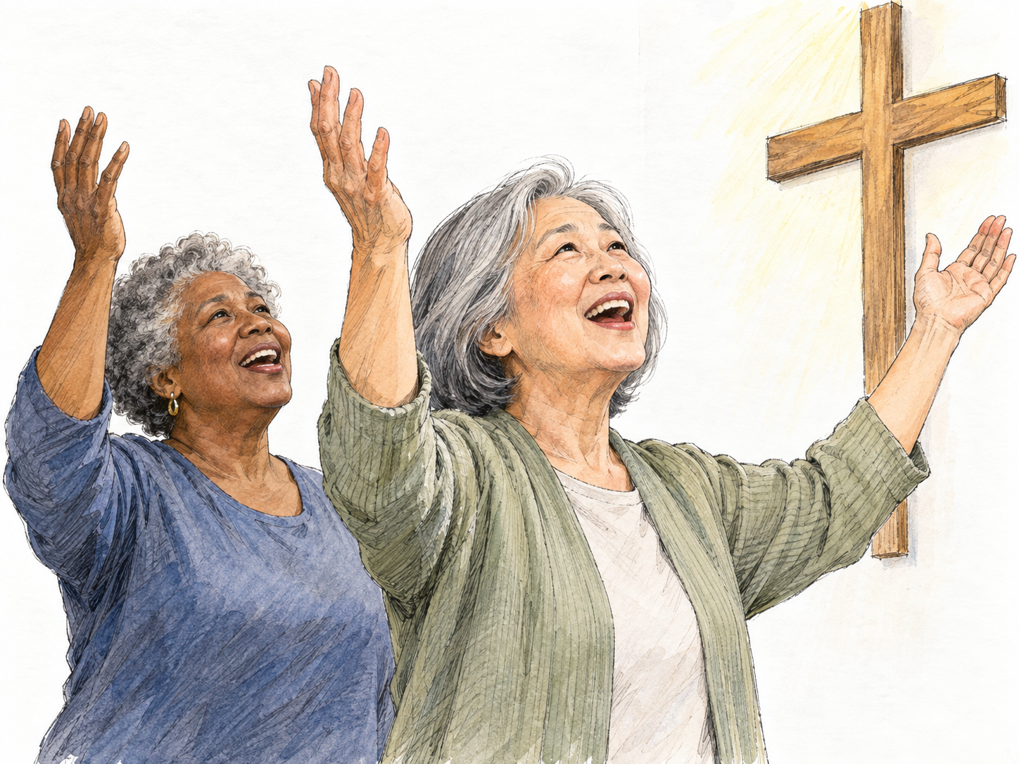 Two older worshippers joyfully acclaim a cross, with open mouths and upraised hands visibly conveying an audible outburst of religious praise rather than silent prayer.