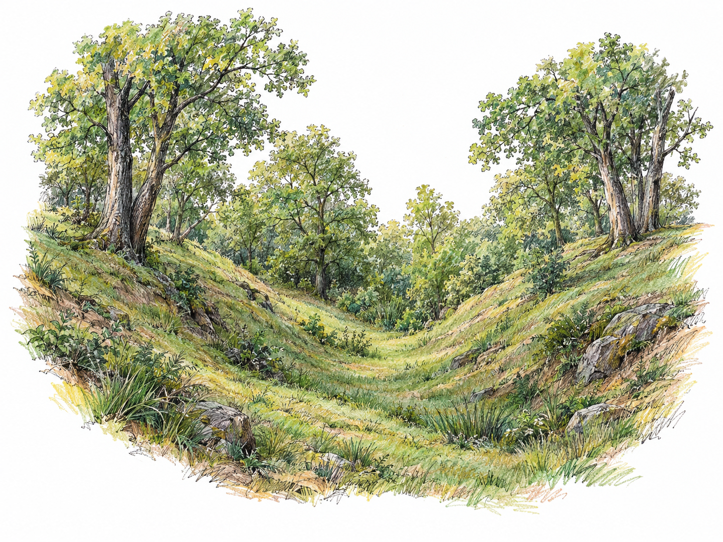 A small, sheltered woodland hollow seen obliquely from above, with two low wooded slopes descending to a narrow grassy floor.