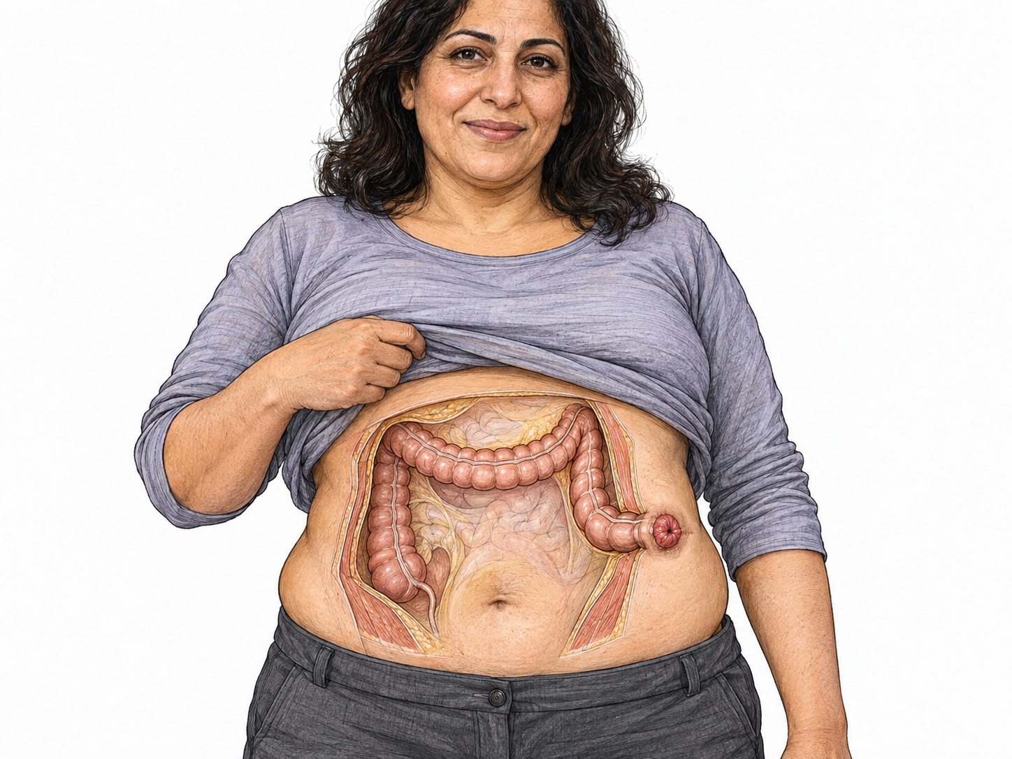 A close abdominal view with a restrained anatomical cutaway shows the large intestine continuing directly to a small, healed stoma on the abdominal surface.