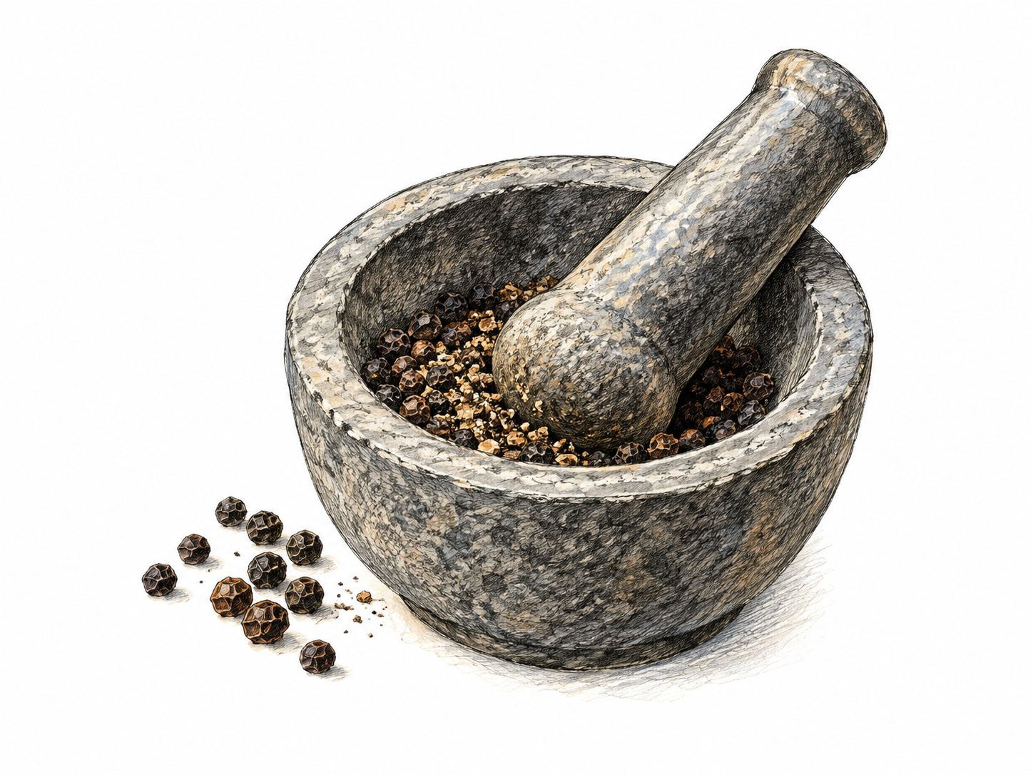A heavy stone pestle lies diagonally in a matching stone mortar, broad rounded working end among partly crushed black peppercorns.