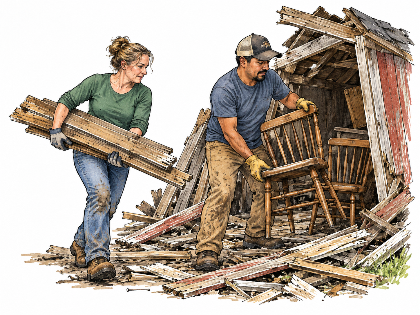 Two adult volunteers recover intact wooden planks and usable chairs from the edge of a storm-damaged shed, careful safe footing, no victims or injuries.