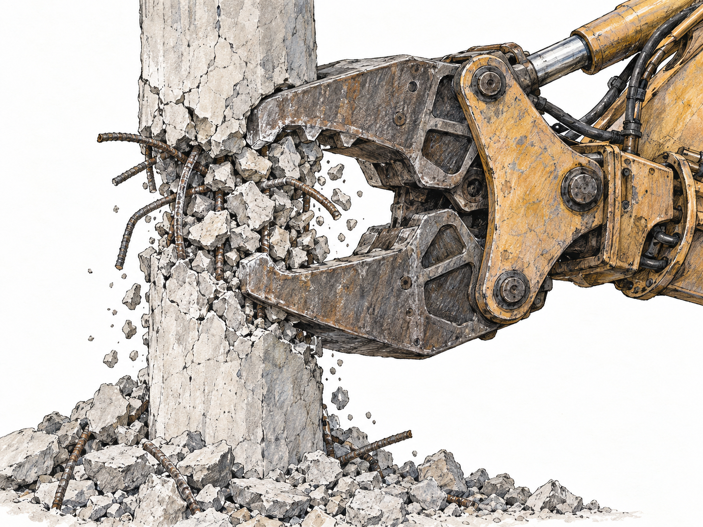 A hydraulic demolition crusher bites through a concrete pillar, reducing its lower section to shattered chunks and exposed bent reinforcement.