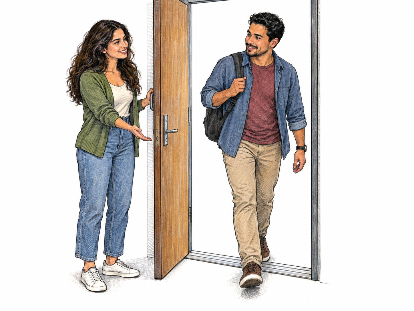 A woman courteously holds an entrance door open and gestures for an approaching man to go through first; he acknowledges her with a small appreciative nod.