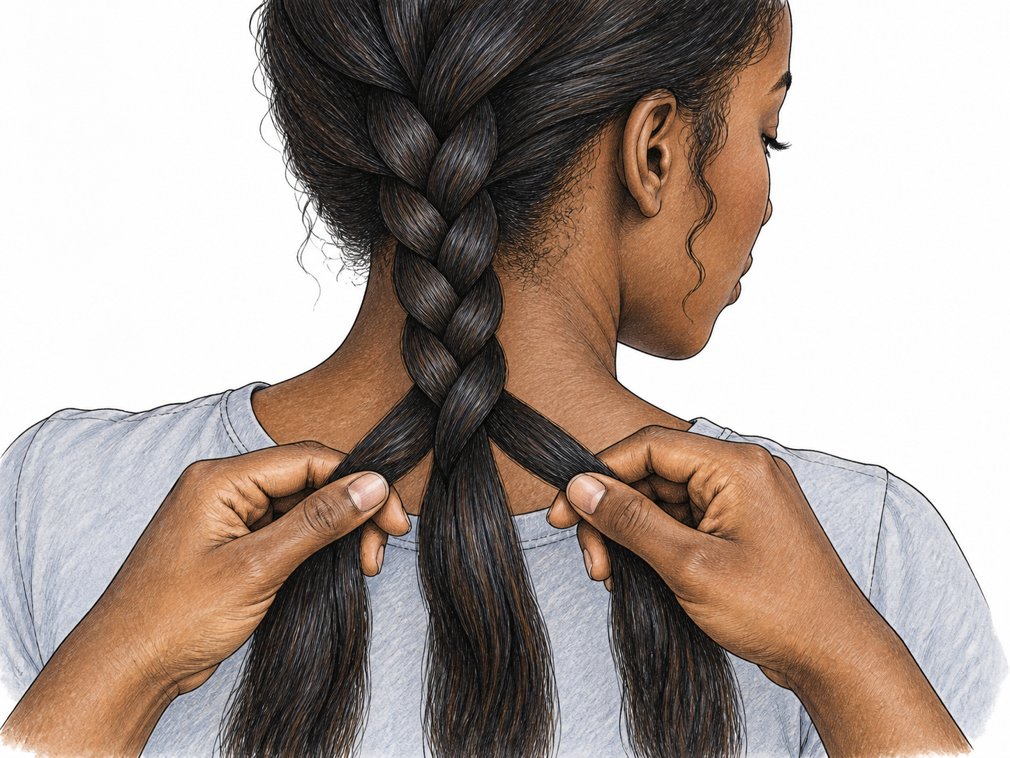 Close back-three-quarter view of hair being woven into one clear three-strand braid, hands separate three thick strands below finished braid; modest plain shirt, white ground.
