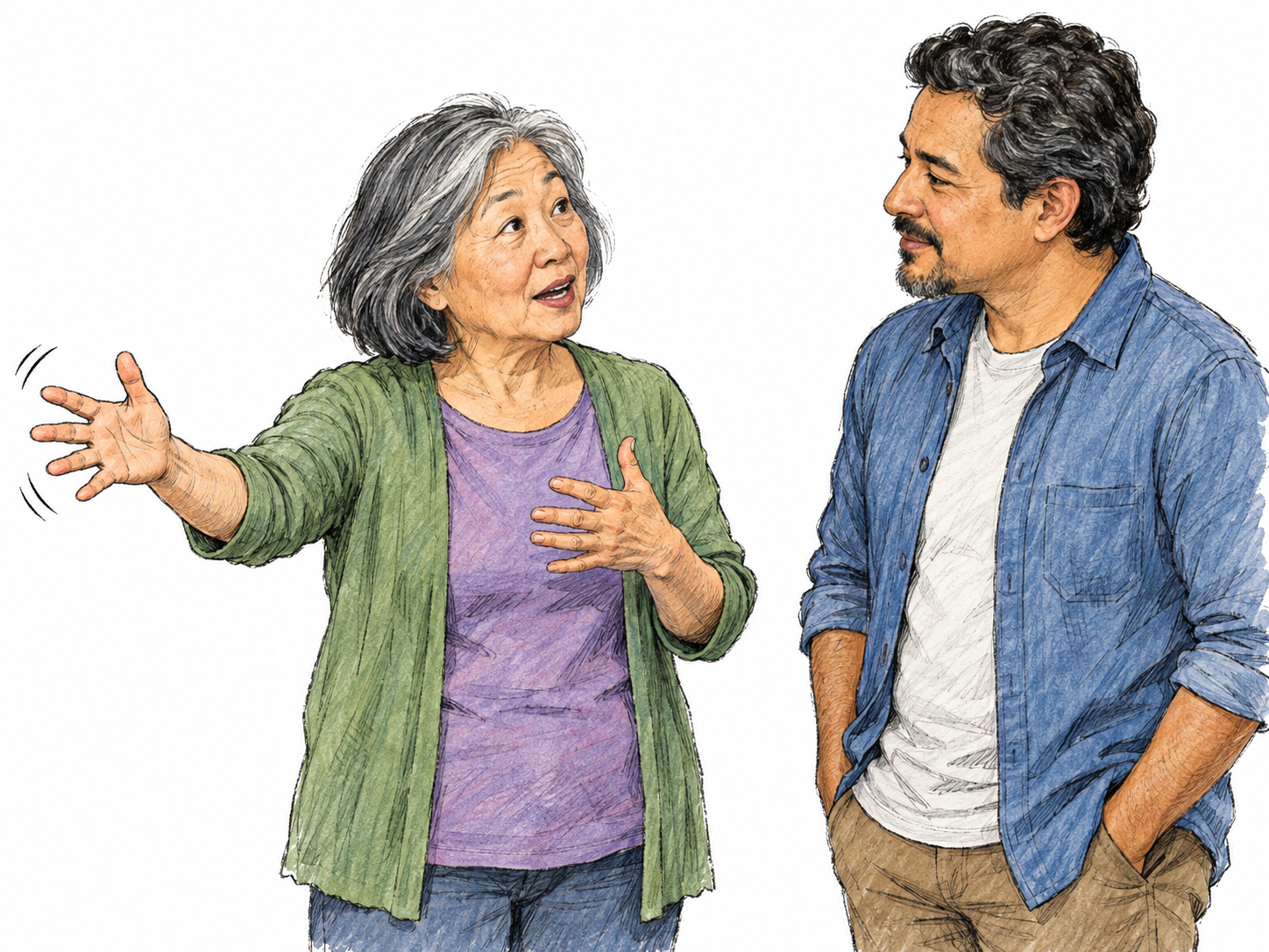 An animated speaker gestures broadly with both hands while a listener watches: one hand sweeps outward, and the other opens near her chest, making expressive arm movement the unmistakable focus.