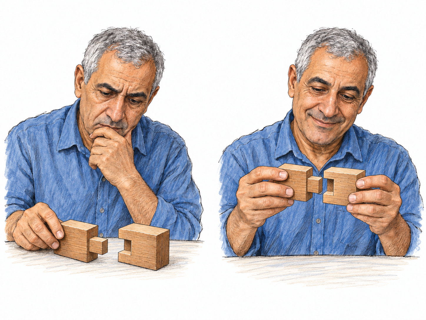 A two-moment sequence shows the same older man thoughtfully examining a wooden interlocking puzzle, then recognizing how its pieces fit together.