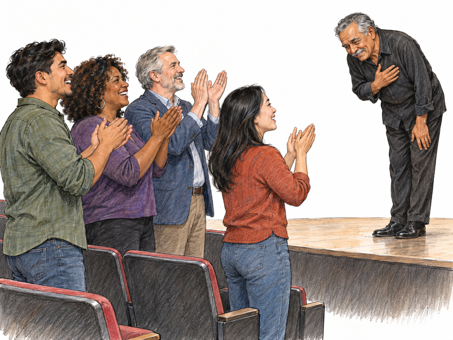 A standing audience enthusiastically applauds an older performer taking a bow on a low stage.