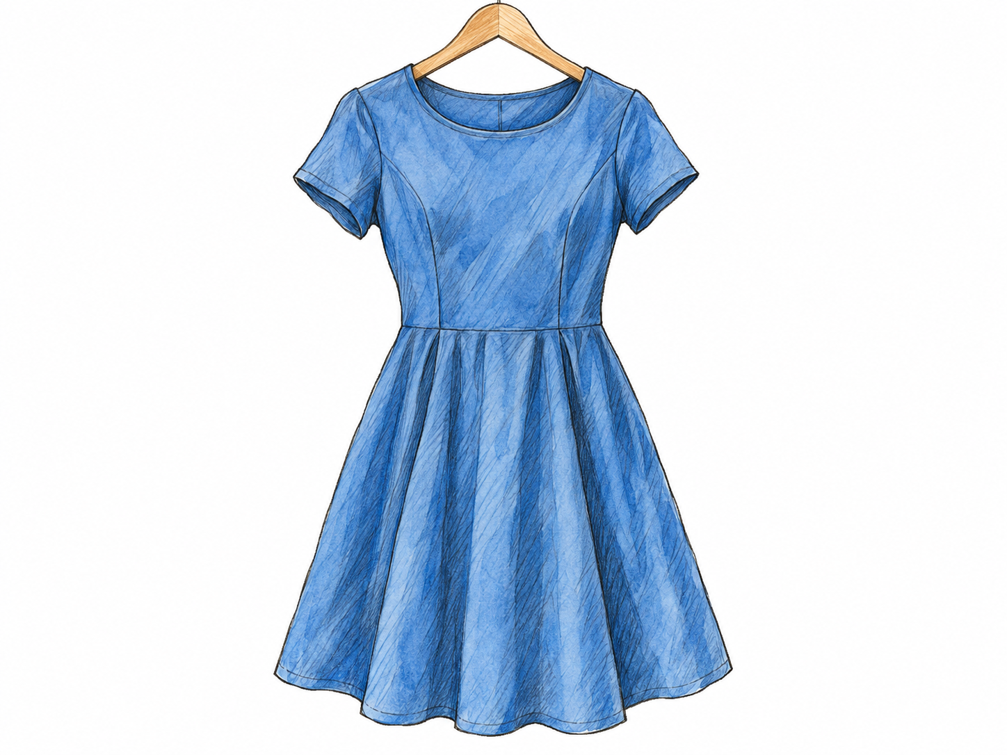 A single everyday dress displayed front-facing on a plain hanger, with its bodice and knee-length skirt visibly joined as one garment.