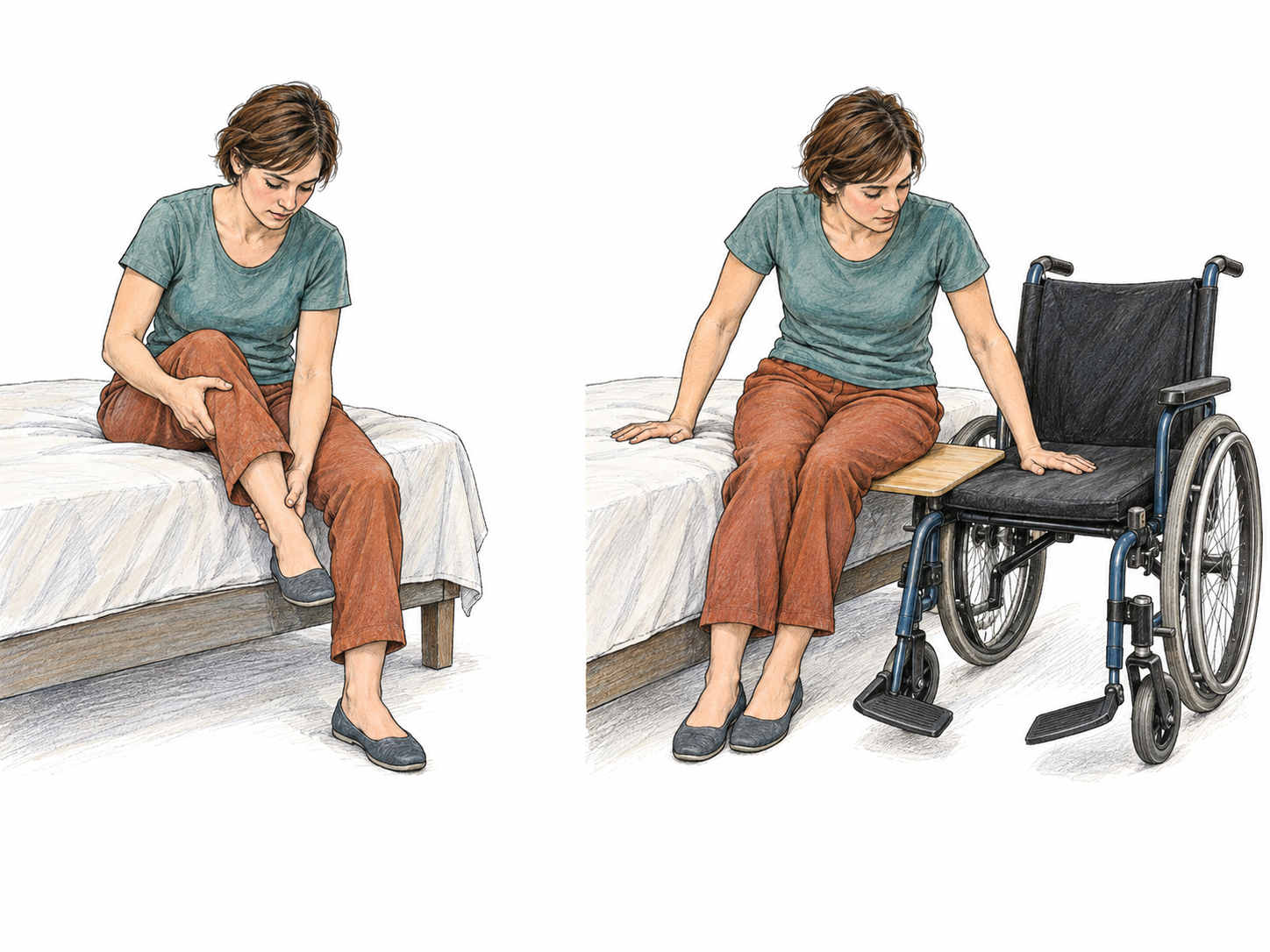 A compact two-stage wheelchair transfer emphasizes functioning arms and a lower body that must be moved and supported manually, making bilateral lower-body paralysis recognizable without presenting wheelchair use alone as its meaning.