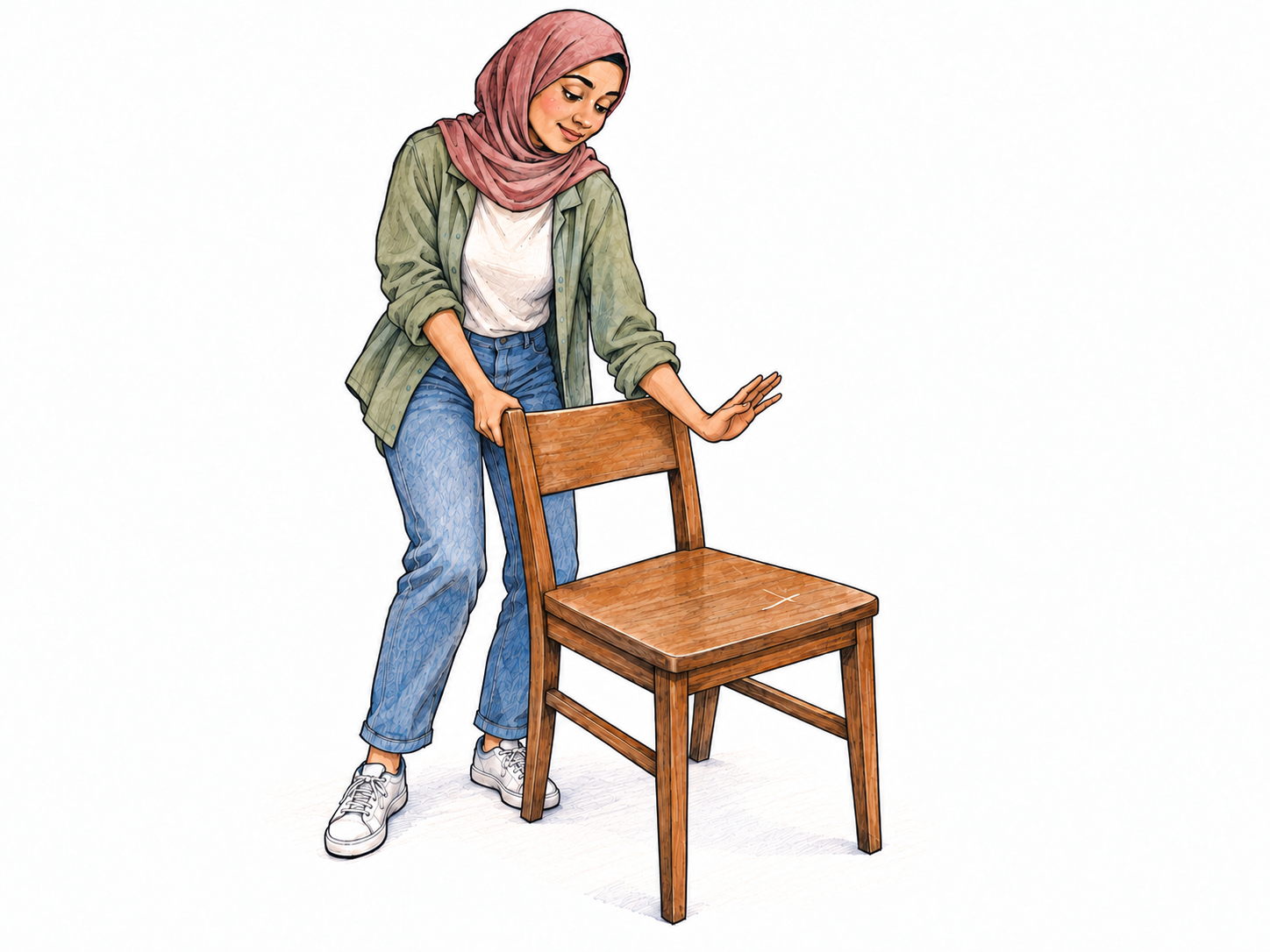A young woman casually dismisses a tiny cosmetic scratch on an otherwise sound wooden chair and pulls it out to sit, treating the flaw as too trivial to matter.