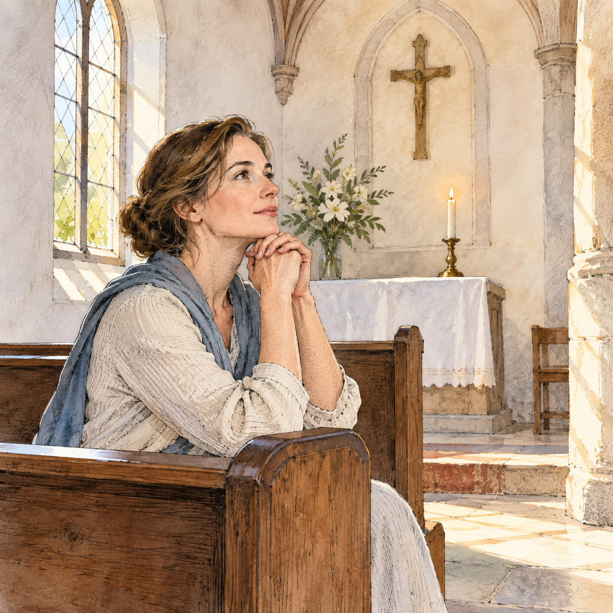 An adult white woman sits quietly in contemplation in a simple sunlit chapel, with modest sacred architecture and a candle in the background.
