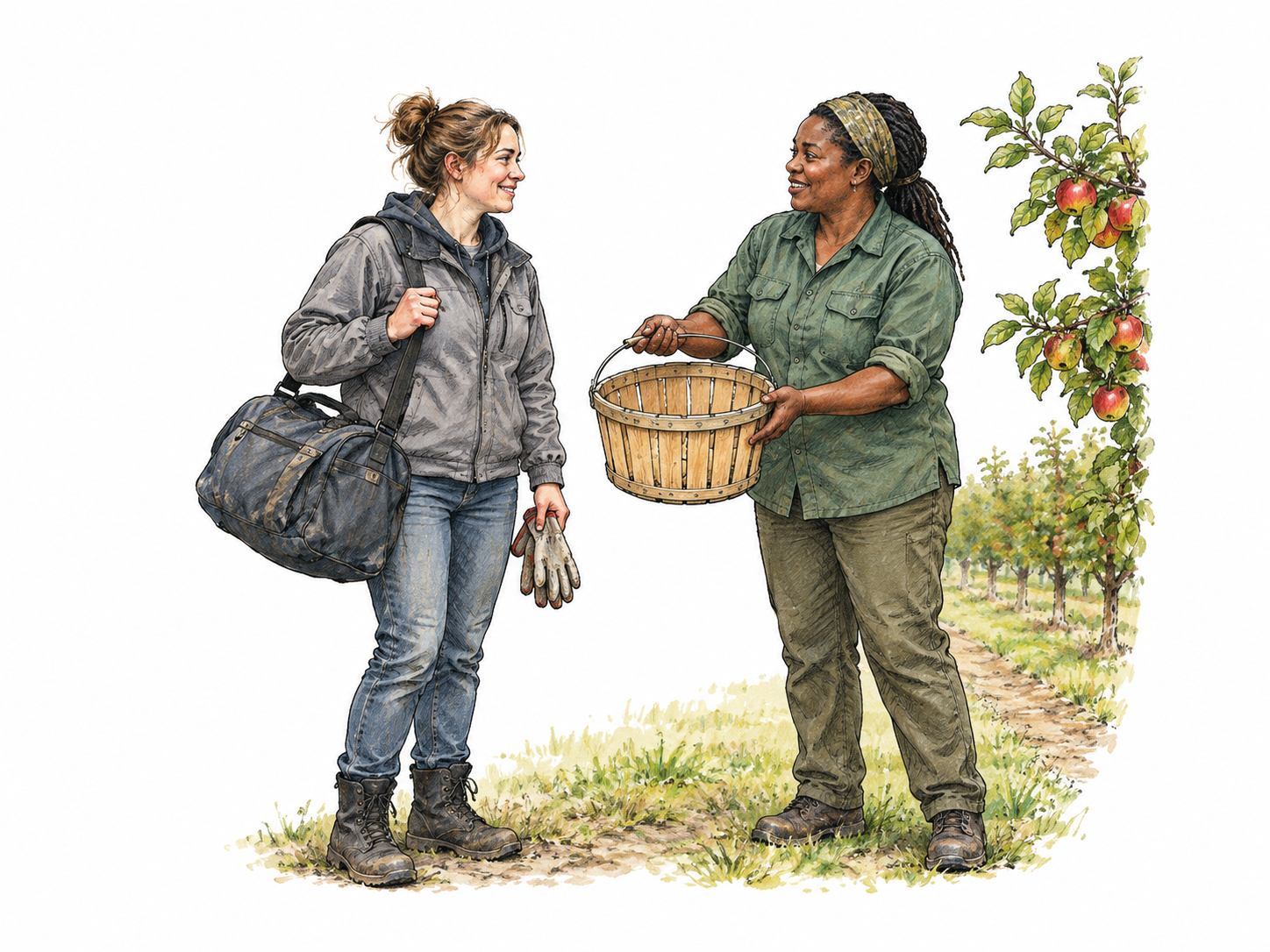 An adult migrant agricultural worker arrives at a new orchard workplace carrying a travel bag and work gloves, greeted by one farm supervisor who offers an empty picking basket.