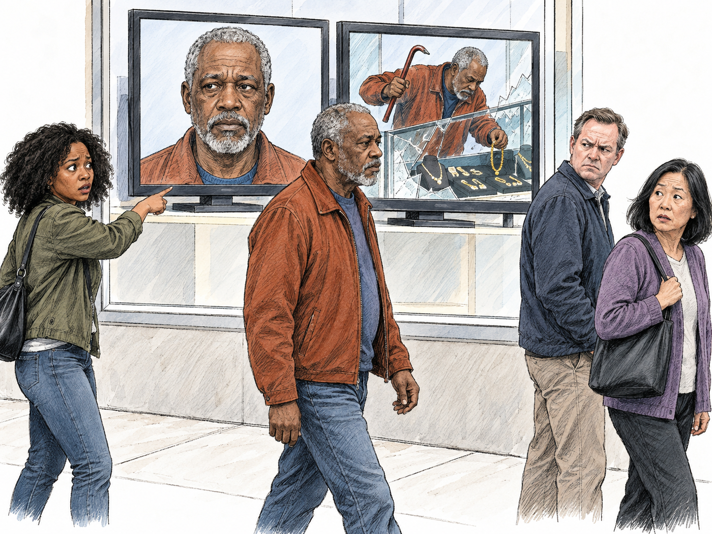 A publicly recognized jewel thief: several strangers recognize a passing man from prominent news imagery showing his distinctive face and a jewelry-store break-in.
