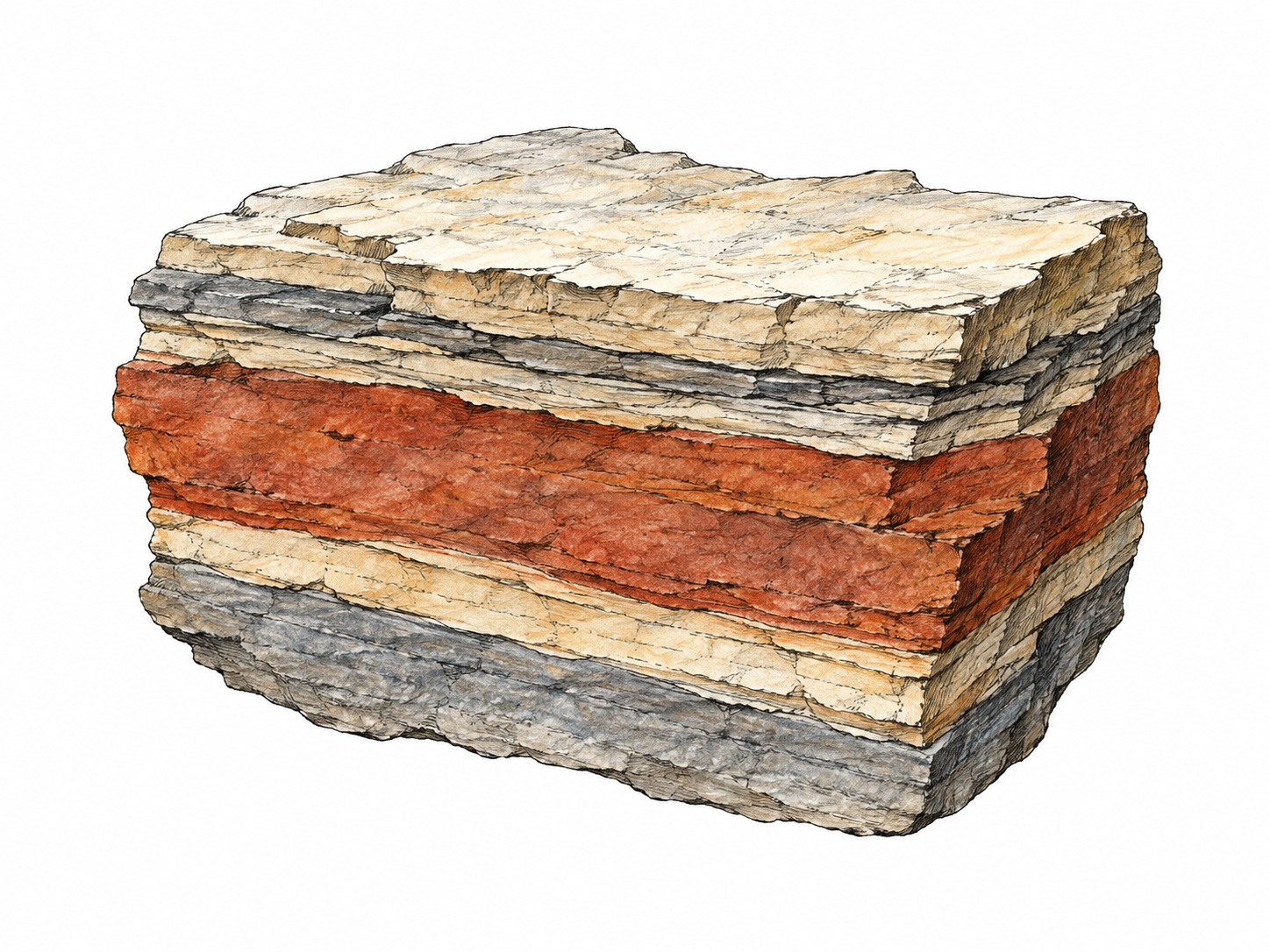 Compact cutaway block of sedimentary rock with several thin layers; one thick rust-red horizontal band is exposed prominently between pale and gray bands, making a single stratum unmistakable.