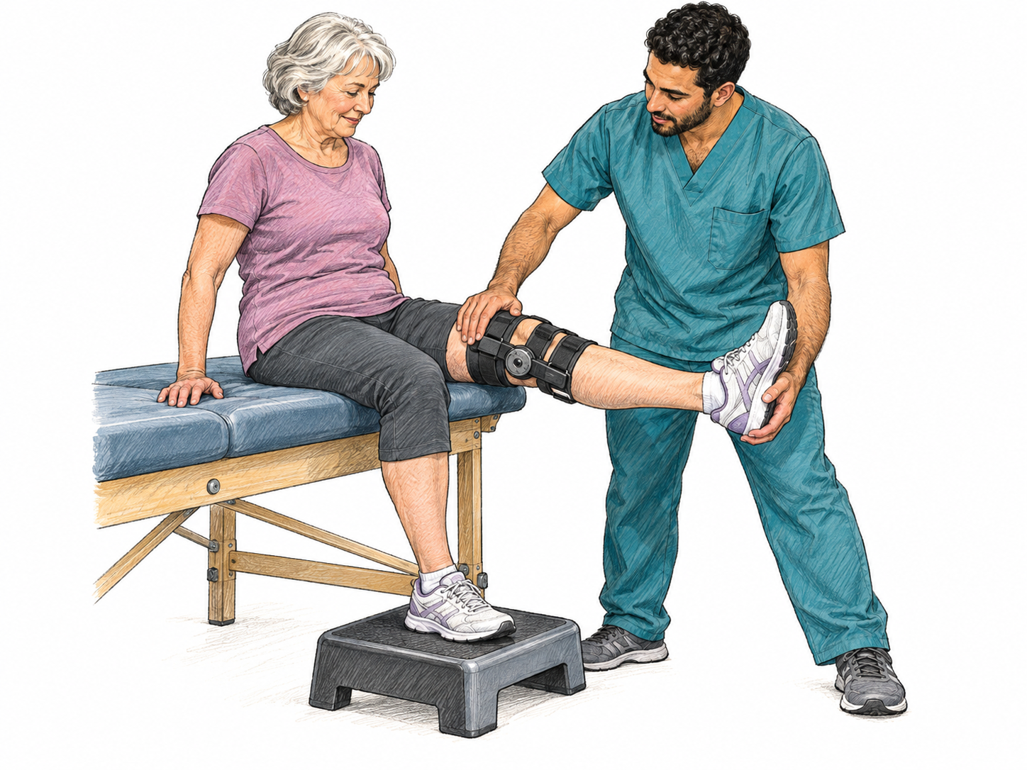A physical therapist guides an older patient's supported knee exercise on a treatment table, making therapeutic treatment visible through hands-on assistance, clinical equipment, and a knee brace.