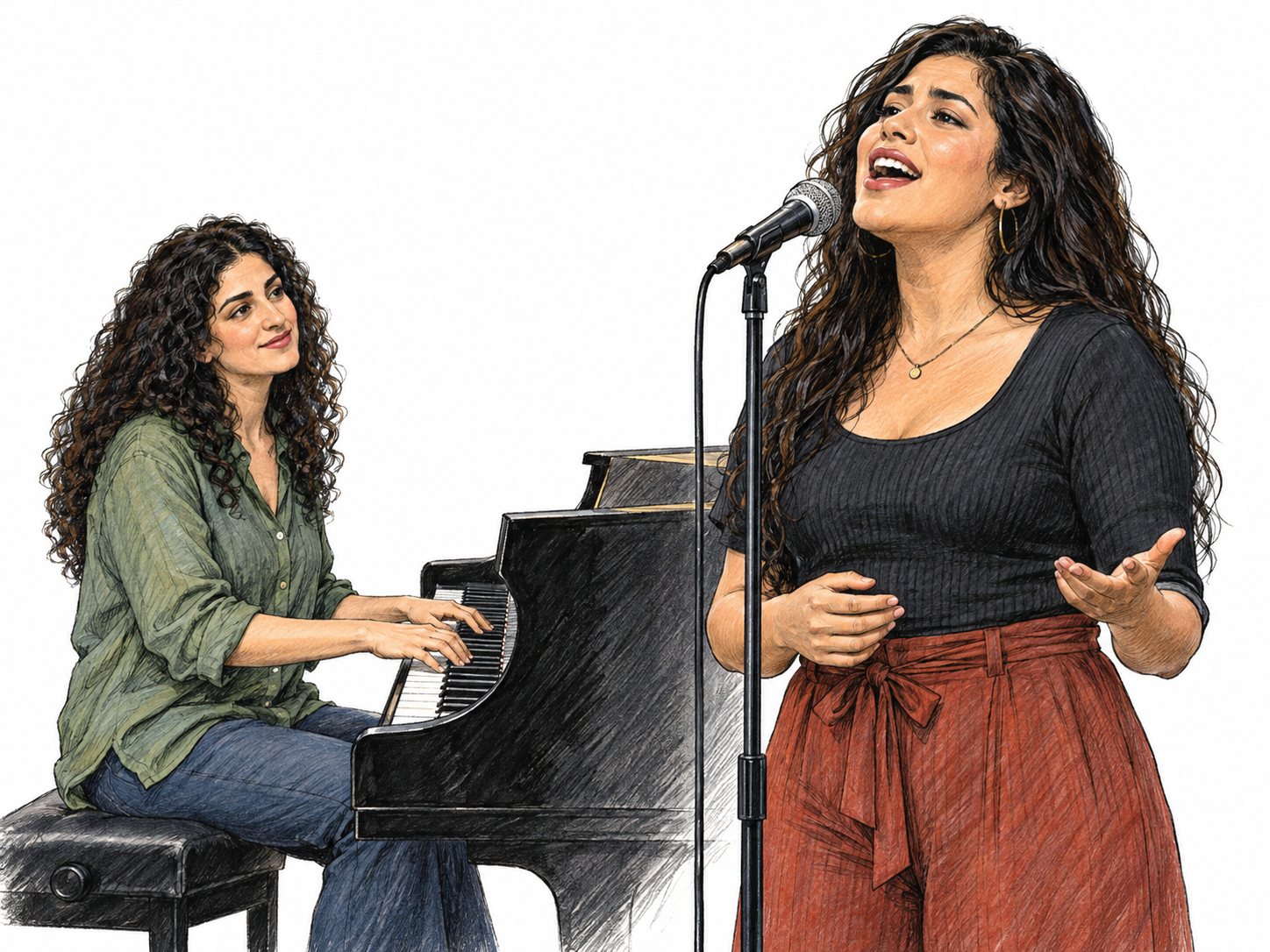 A young woman sings into a microphone while another woman accompanies her on a piano.