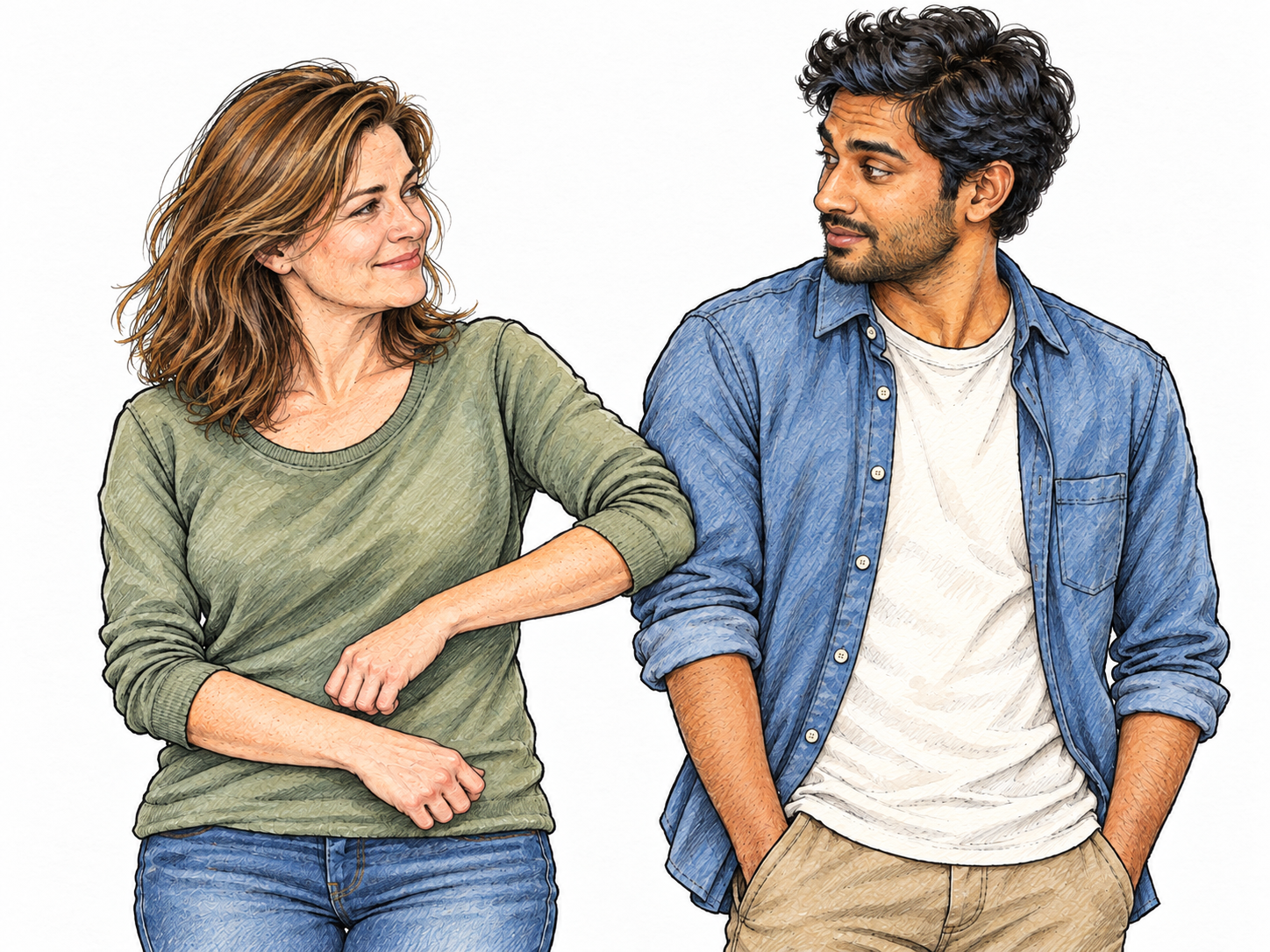 A woman lightly nudges the upper arm of the man beside her with her elbow to draw his attention; both remain relaxed and upright.