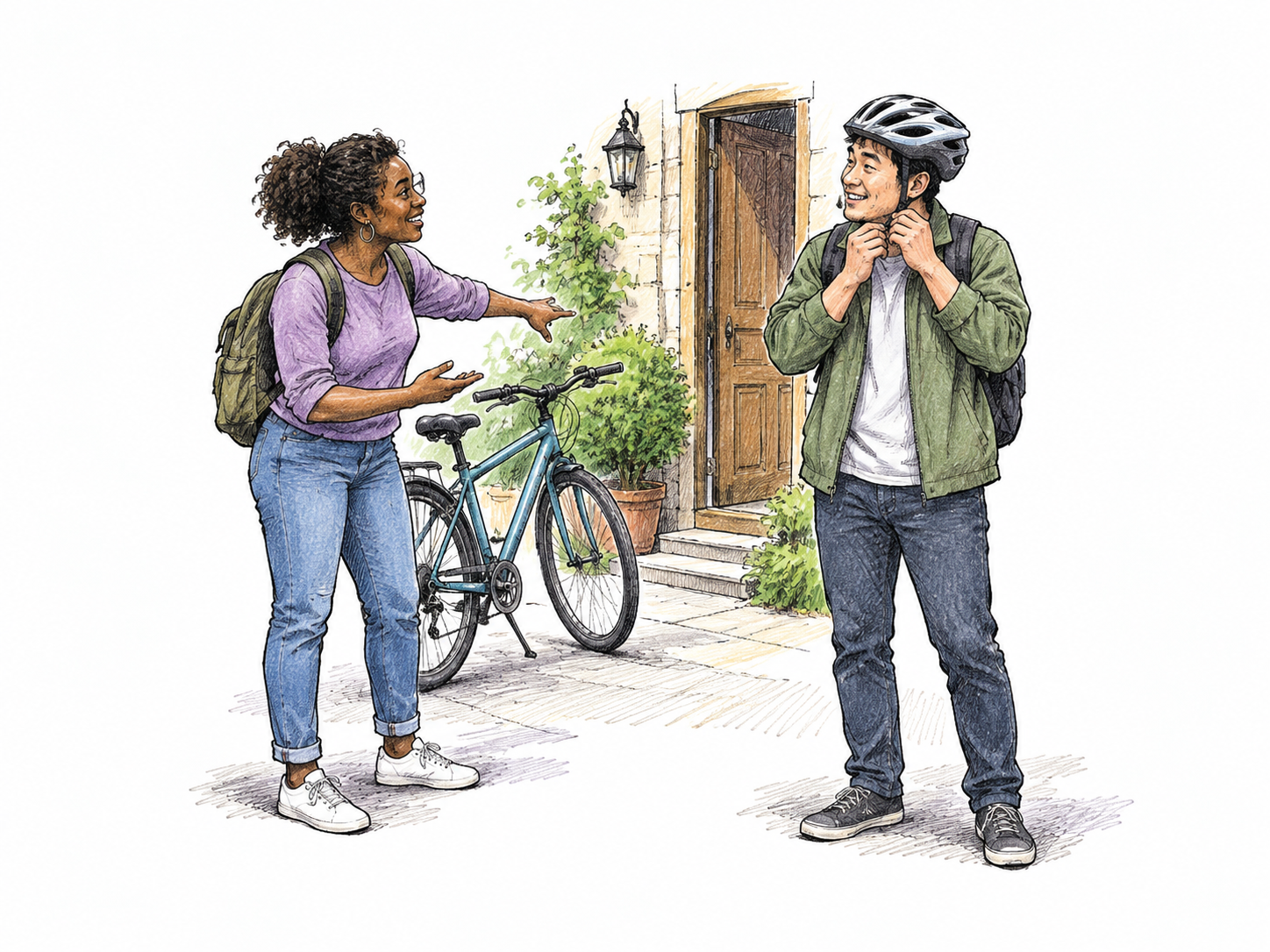 A person convinces a hesitant friend to use a bicycle for a short trip, pointing to the ready bicycle and nearby destination doorway; friend smiles and begins putting on helmet.