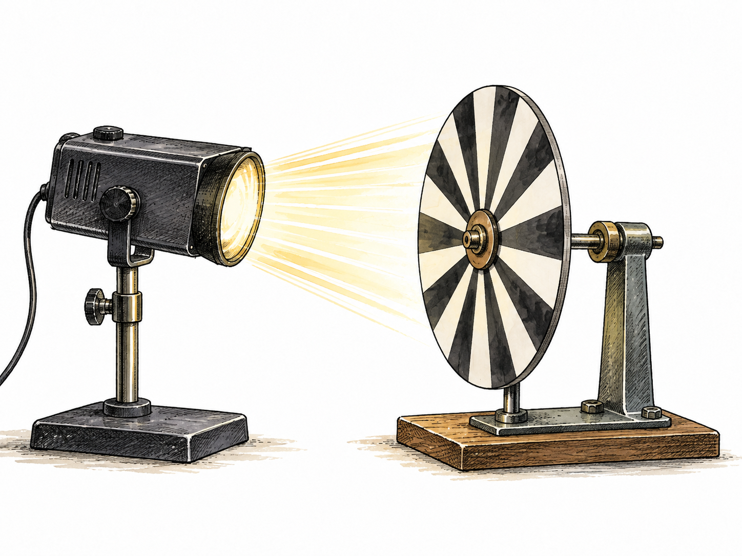 A laboratory stroboscope illuminates a rotating striped disc in sharp repeated positions, no letters.