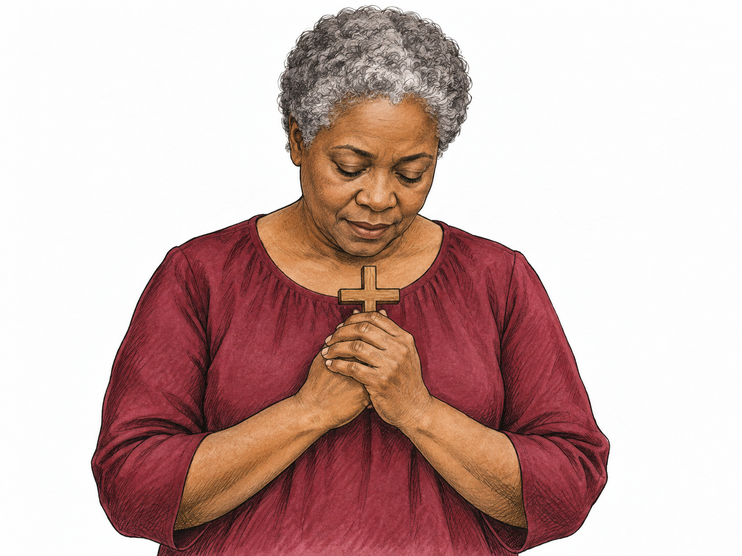 Devout woman holds small wooden cross gently between hands at chest while bowing head with peaceful eyes closed, half figure with white background, reverent duties, no writing.
