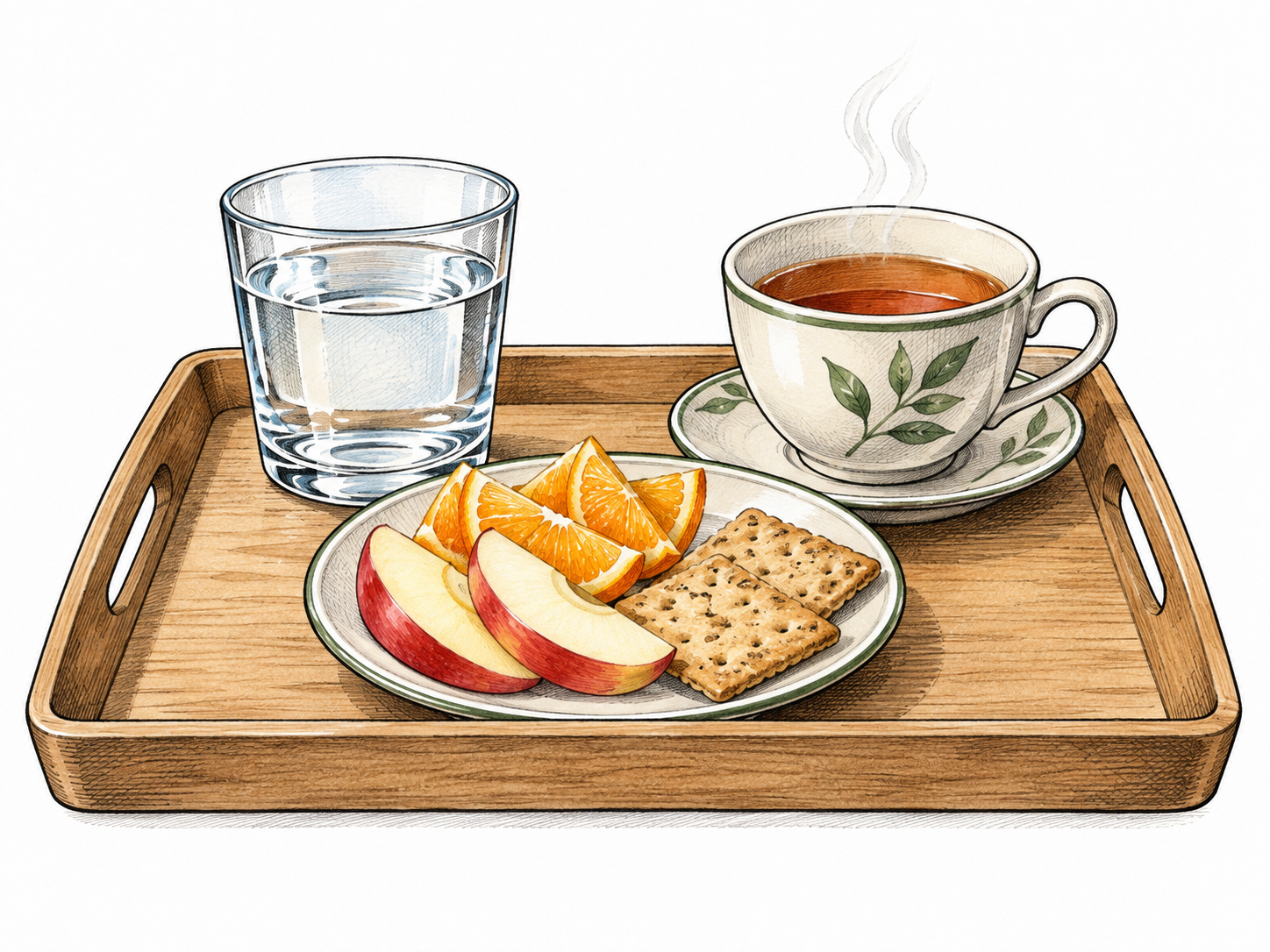 A small glass of water, a cup of tea and modest plate of fruit slices and two crackers on a plain tray, obvious light snack and drink.