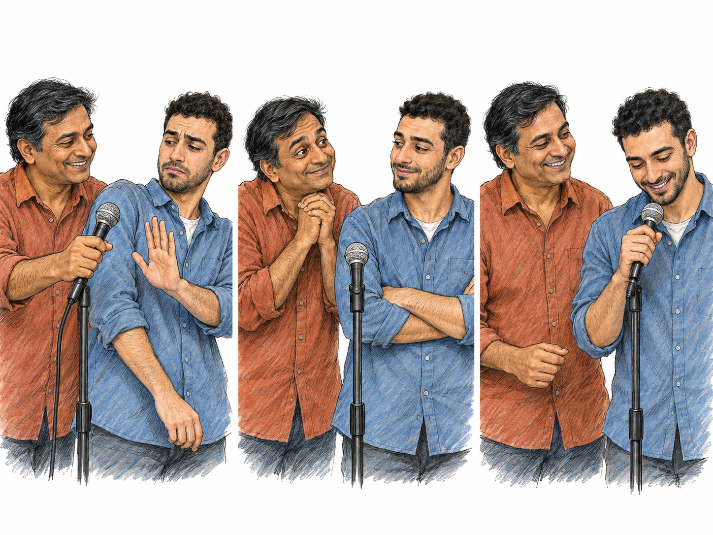A compact three-moment karaoke sequence shows a reluctant man yielding to a friend's warm, gently persistent coaxing: refusal, an exaggerated but friendly pleading gesture, then smiling acceptance of the microphone.