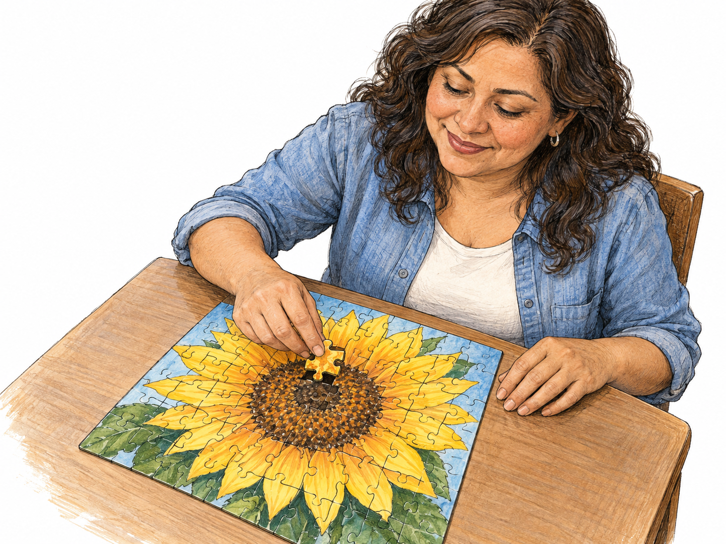 A woman settles a tabletop puzzle by fitting its final interlocking piece into the single remaining gap, completing a continuous picture.