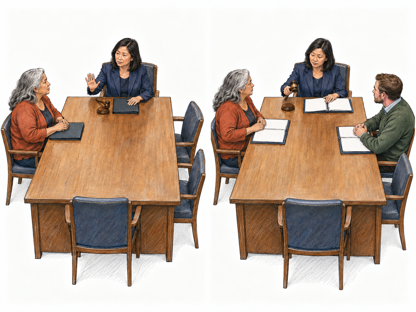 A compact before-and-after view of the same five-seat committee: two members wait with official business visibly paused; the arrival of a third member allows the chair to open proceedings even though two seats remain empty.