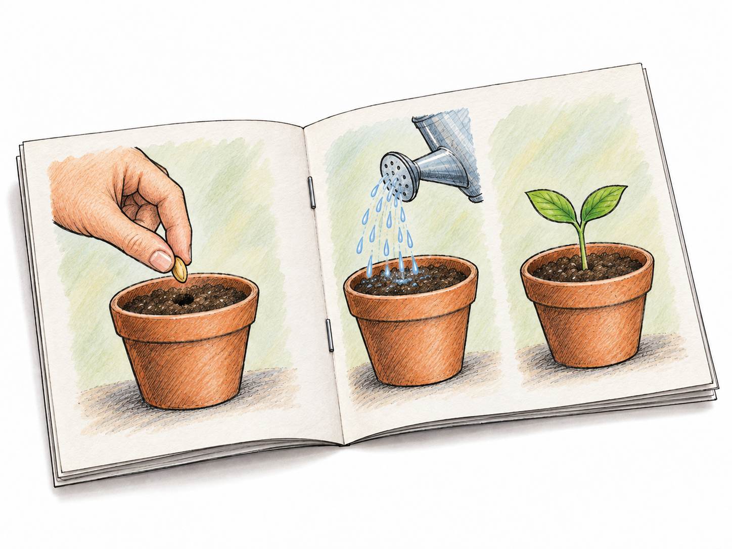 A small, thin, staple-bound informational booklet opened to illustrated gardening instructions, with only a few lightweight pages and no rigid spine.