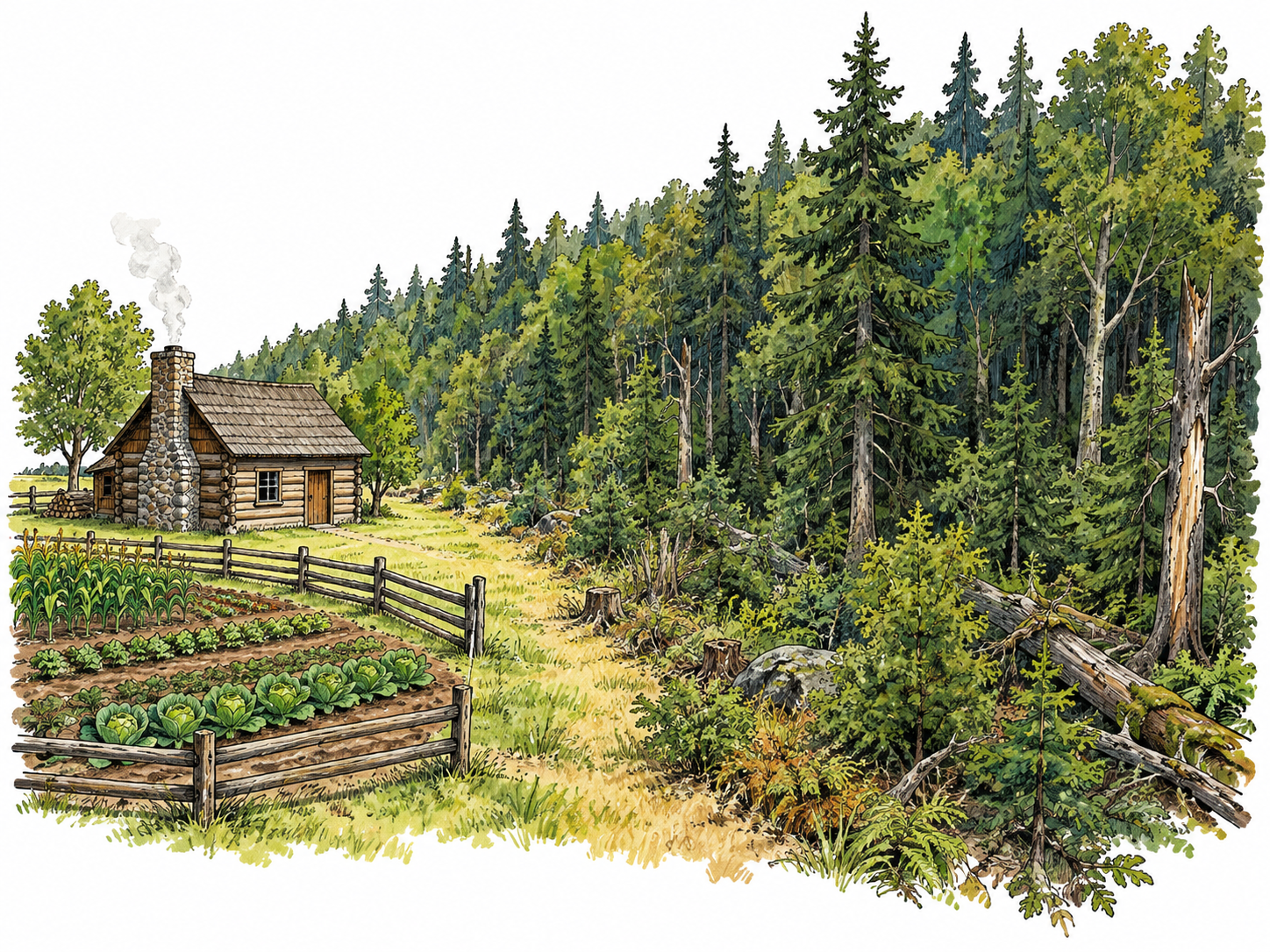 A small cabin and cultivated patch stand at the edge of a much larger uncultivated forest; focus on border between settled ground and undeveloped land, no claims of uninhabited or conquered territory.