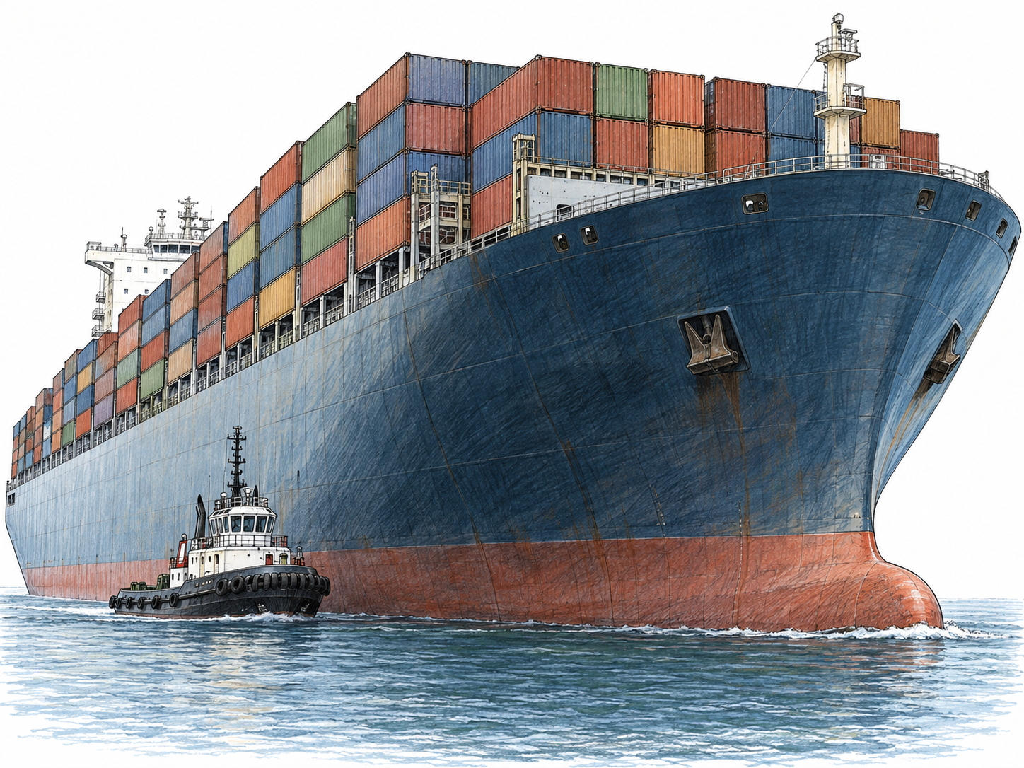 An immense modern cargo ship towers over a small tugboat alongside its bow, making its overwhelming size and power immediately visible.