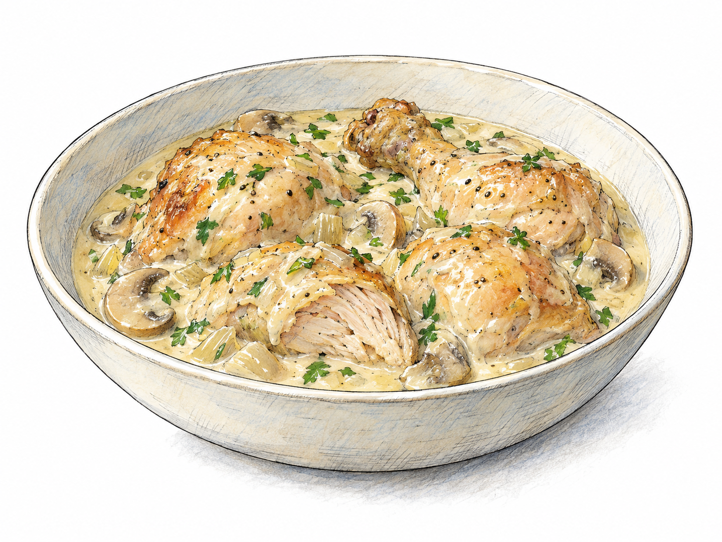 A shallow serving bowl of chicken fricassee, with recognizable pieces of meat partly submerged in creamy white sauce; one cut piece reveals its cooked interior.