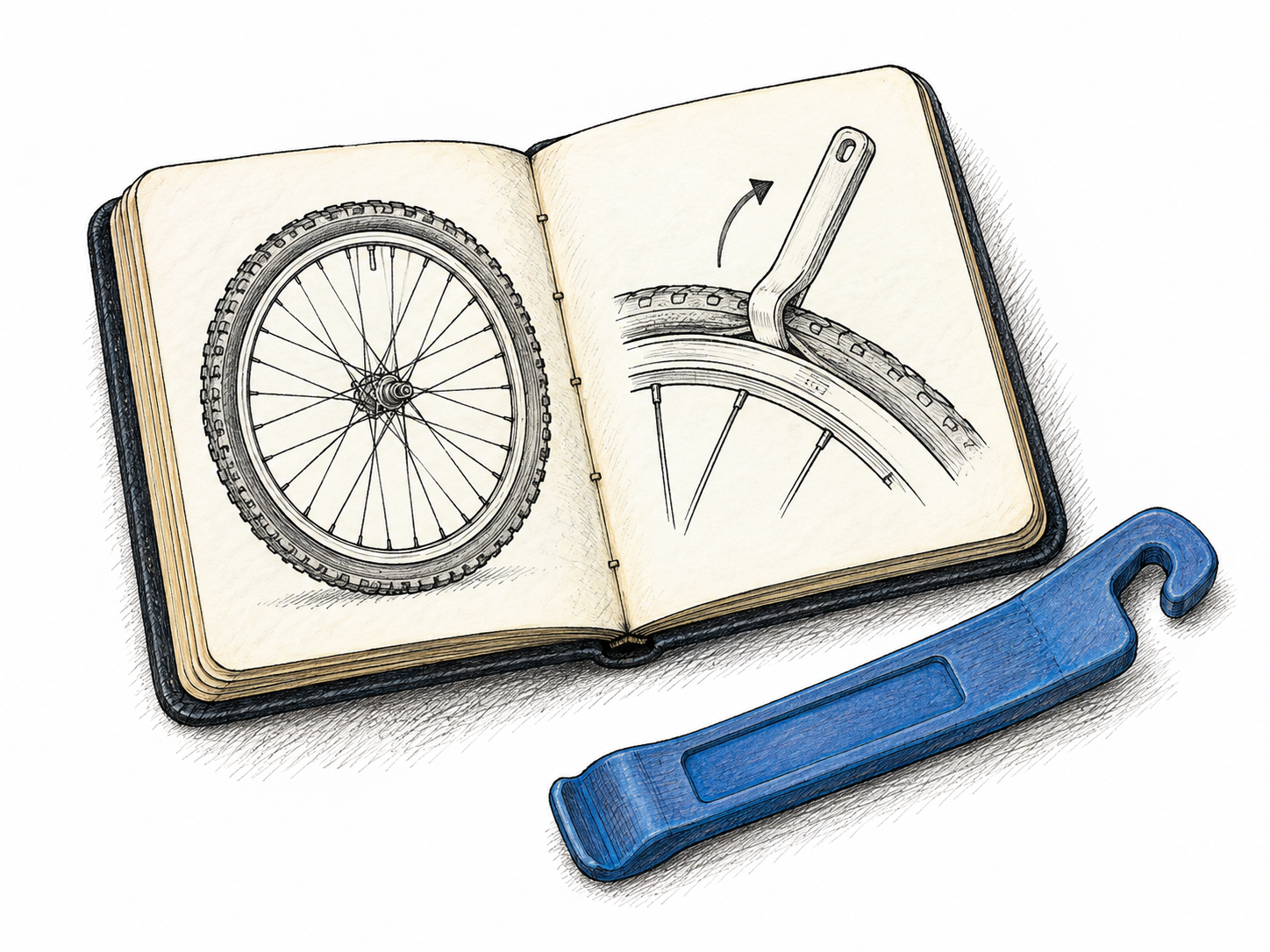 A compact pocket handbook lies open beside a bicycle repair tool, its pages show only two simple functional line drawings of a bicycle wheel and tire lever as practical guidance, no prose or title.