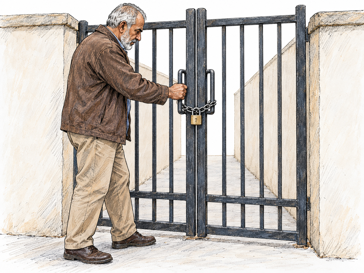 A securely padlocked gate across a narrow entrance makes passage impossible: an older man tries the gate, but its chain holds both leaves firmly closed.