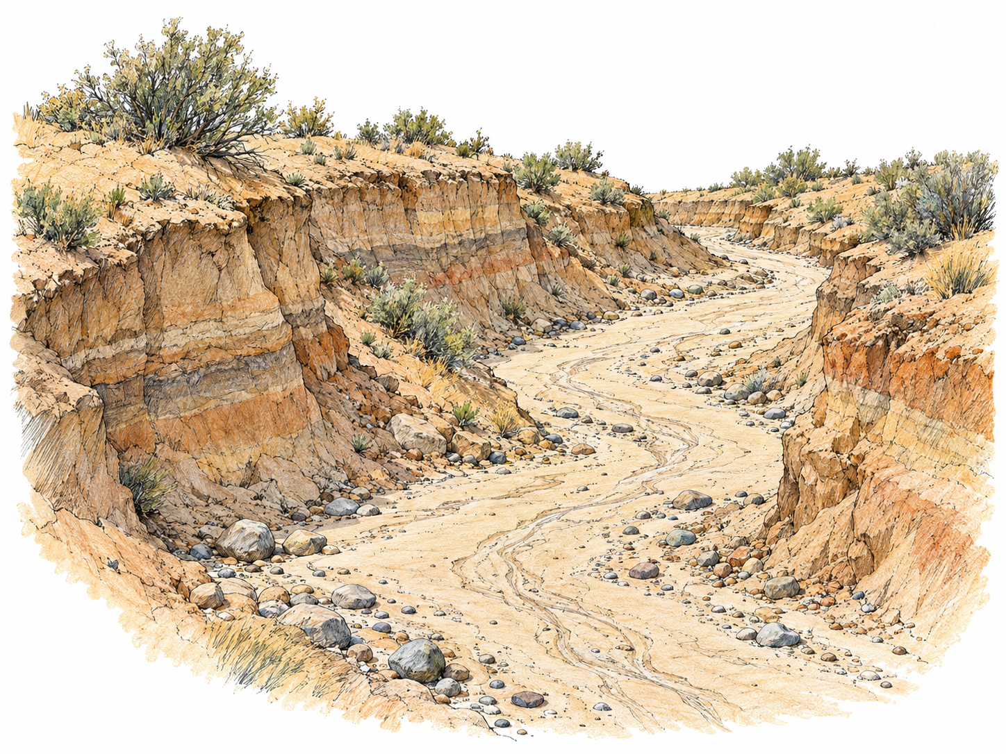 A winding, completely dry streambed cuts through arid ground, with steep eroded banks, exposed sediment layers, and water-rounded stones along its sandy bottom.
