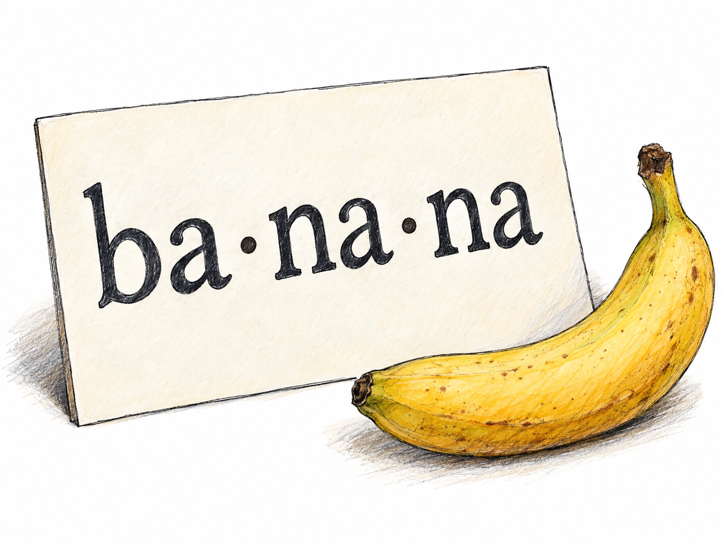 A simple pronunciation-study card bearing only “ba·na·na,” with three clearly separated syllable groups and one small banana beside it to anchor the word to a familiar object.