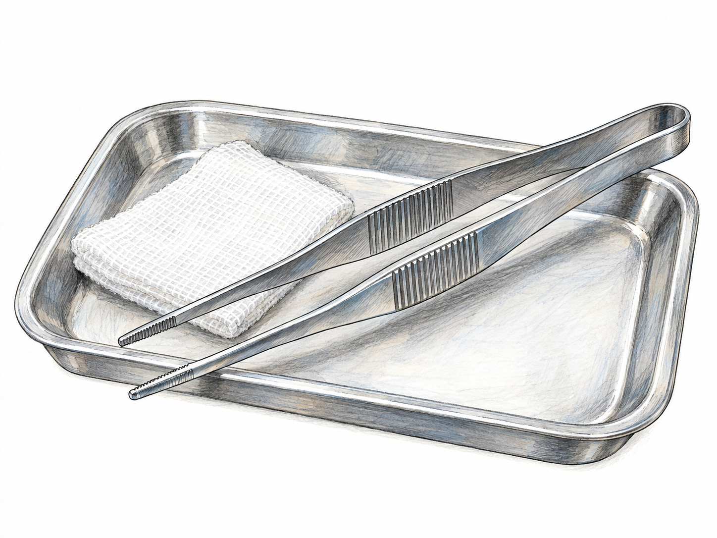 A close view of stainless-steel medical thumb forceps, showing their joined spring end, ridged grips, and narrow serrated tips, beside a small sterile gauze pad on a shallow medical tray.