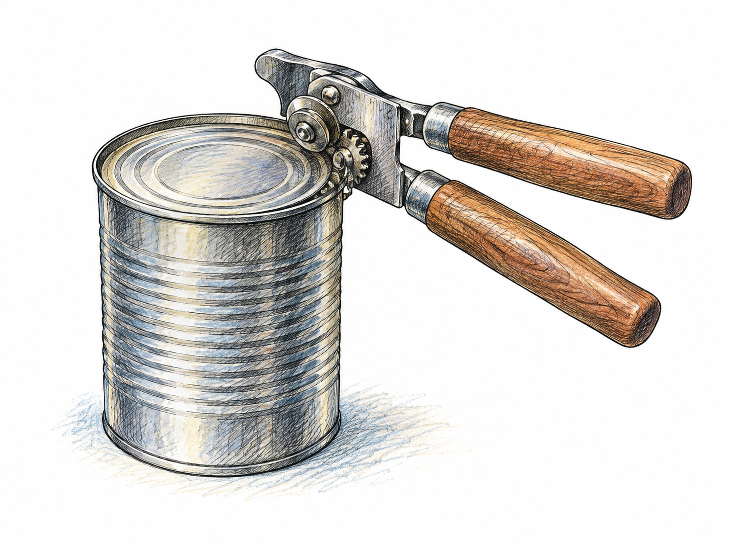 Compact manual can opener engaged correctly on rim of plain food tin, handle and cutting wheel mechanically coherent, purpose-built device, no brand.