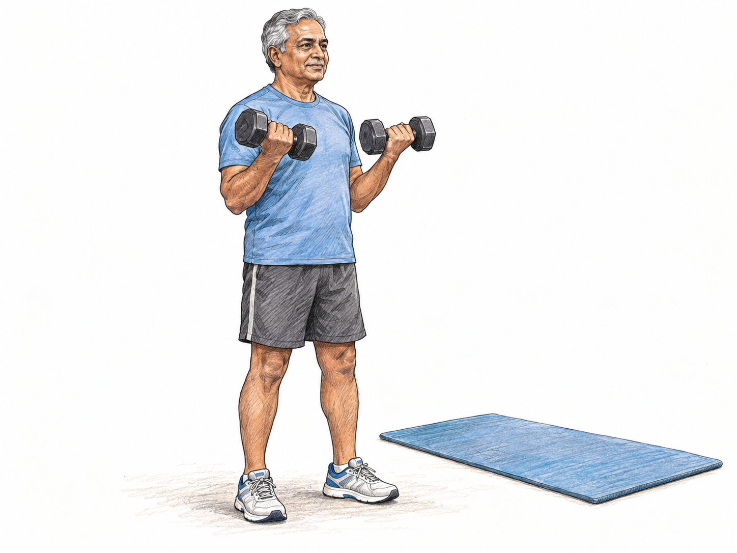 An older man performs a controlled standing dumbbell curl in workout clothing beside an exercise mat, making deliberate fitness activity immediately recognizable.