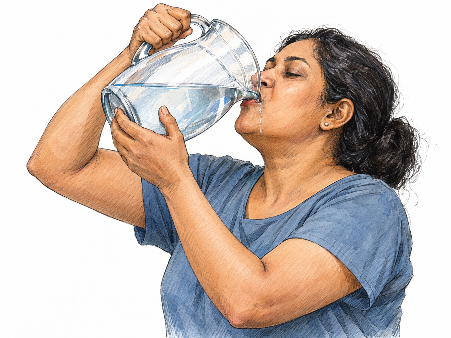 A middle-aged South Asian woman greedily gulps water from a large clear pitcher, with a little water escaping at the corner of her mouth.