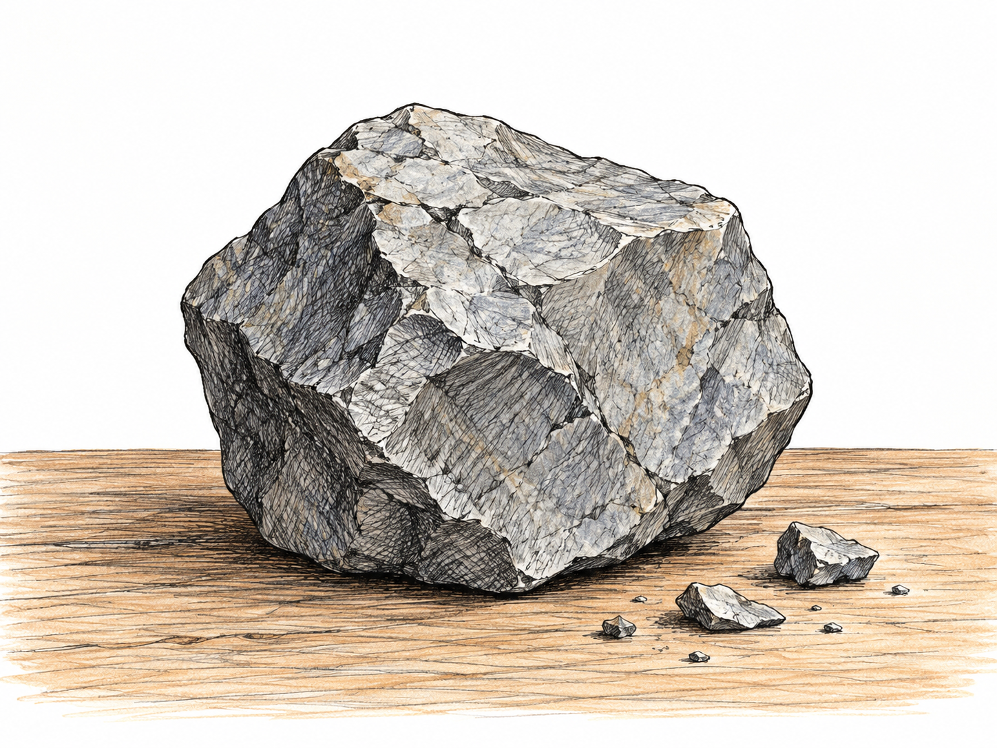 A single hard irregular chunk of gray rock rests on a tabletop with a few tiny chips nearby, clear solid volume built from drawn contours and hatching.