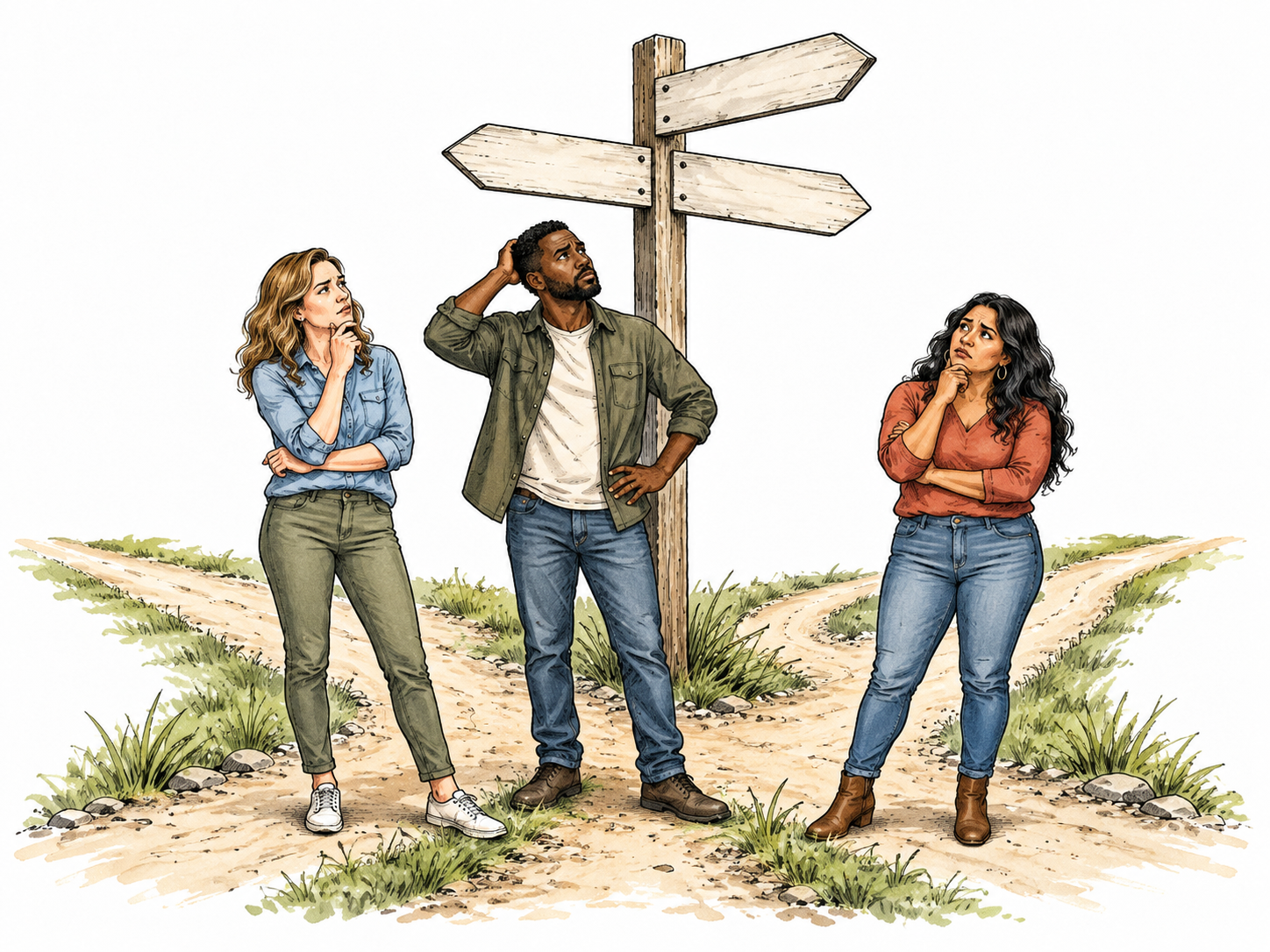 Three adults at a junction point in conflicting directions while looking uncertain, overlapping route choices and shared lack of understanding clear, blank signpost arms.
