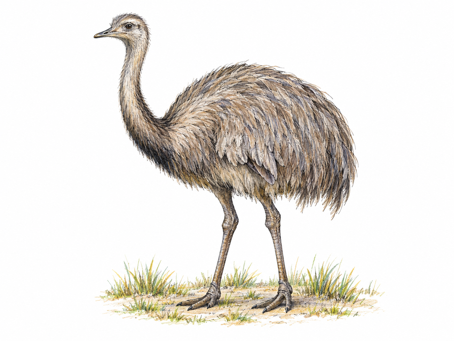 A single rhea standing in profile on a small patch of South American grassland, showing its long neck, shaggy gray-brown plumage, small head, and long, three-toed legs.