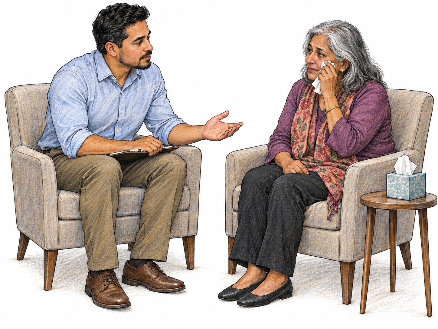 A counselor listens attentively to an older client in a private counseling session.