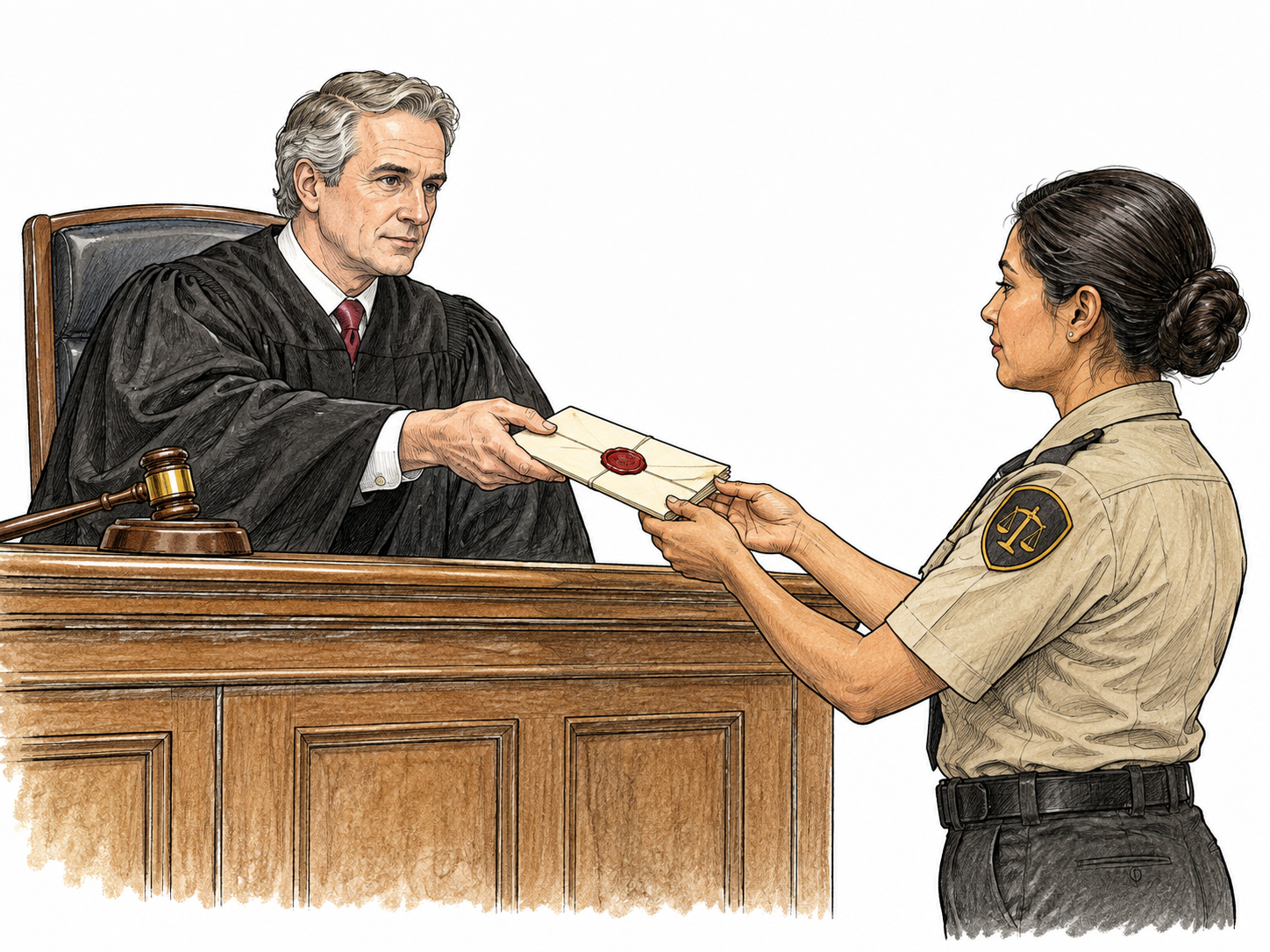 A judge hands a blank folded document with official wax seal to a court officer, formal written court order represented by sealed document, no lettering.
